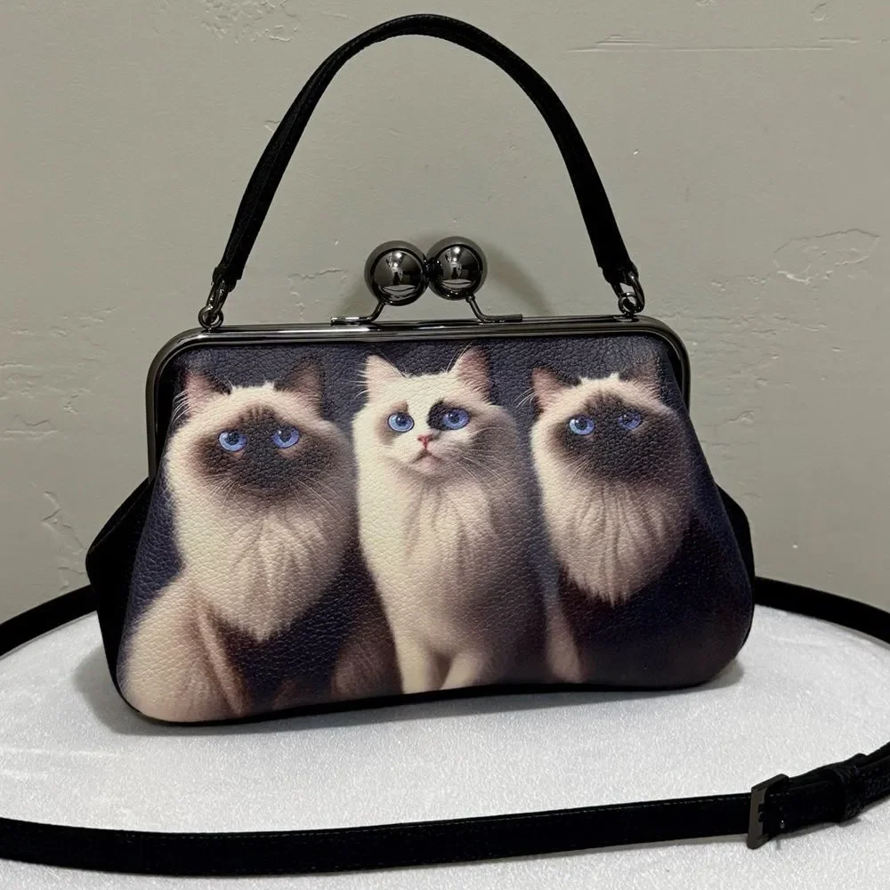 Unique Cats Print Pebble Cowhide Handmade Large Ball Kisslock Handbag, Multi Use